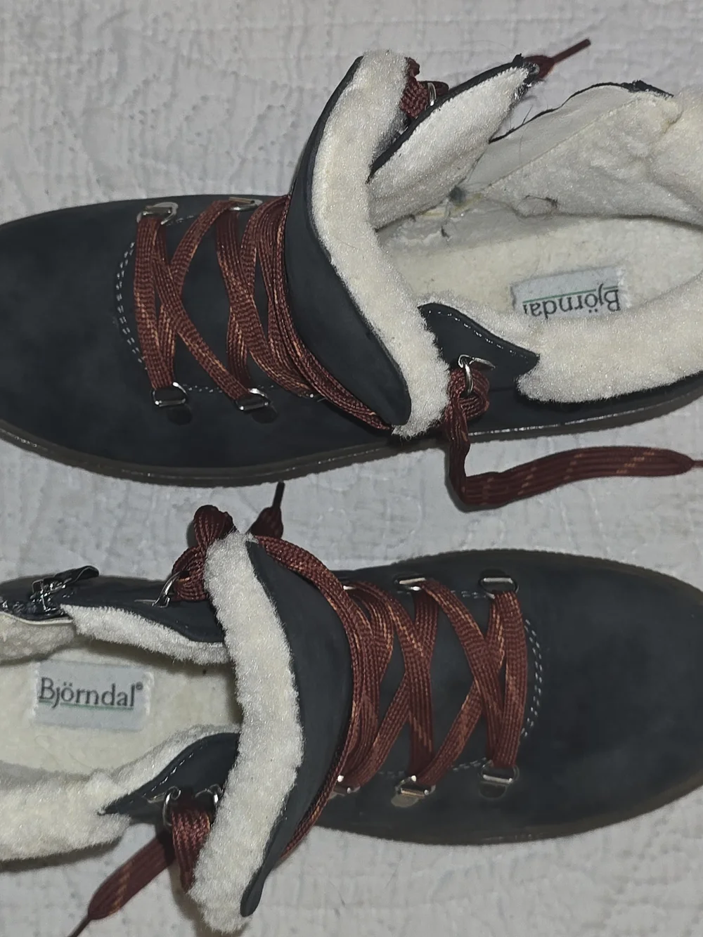 Bjorndahl Blue/Gray Winter Boots With Rust Colored Lace-ups And Cream Sherpa